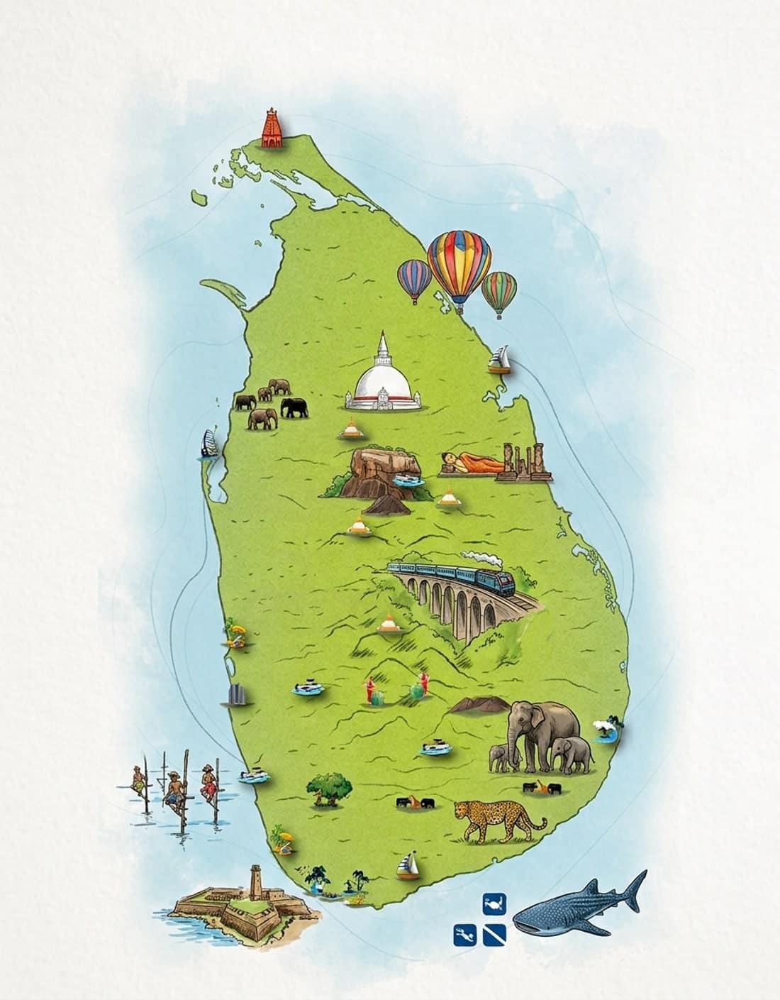Illustrated map of Sri Lanka showing its landmarks, wildlife and coastline